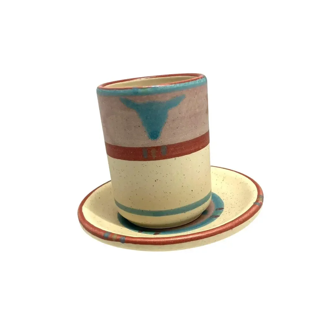 Southwestern Ceramic Cup and Saucer Set Handleless Geometric Tan Blue Pink Aztec